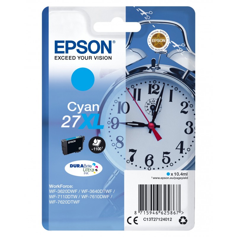 Epson Alarm clock Cartouche "Réveil" 27XL - Encre DURABrite Ultra C, Rendement élevé , Cyan, 10,4 ml, 1 pièce, 1100 pages