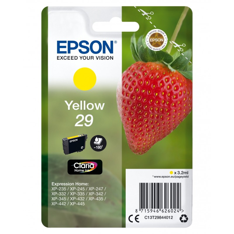 Epson Strawberry Cartouche "Fraise" 29 - Encre Claria Home J, Rendement standard, Jaune, Encre à pigments, 3,2 ml, 1 pièce, 180 pages