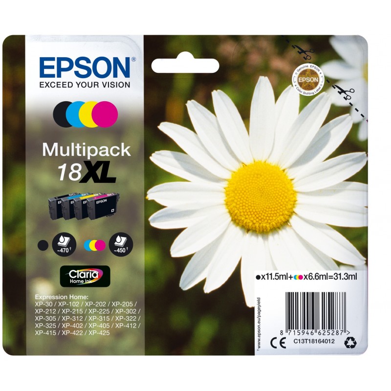Epson Daisy Multipack "Pâquerette" 18XL - Encre Claria Home N,C,M,J, Rendement élevé , 11,5 ml, 6,6 ml, 470 pages, 1 pièce, Multi pack