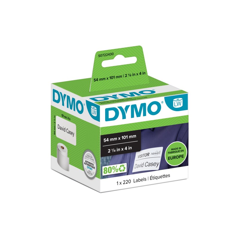 Dymo LW - Étiquettes d'expéditionde badge nominatif - 54 x 101 mm - S0722430, Blanc, Imprimante d'étiquette adhésive, Papier, Permanent, Rectangle, LabelWriter