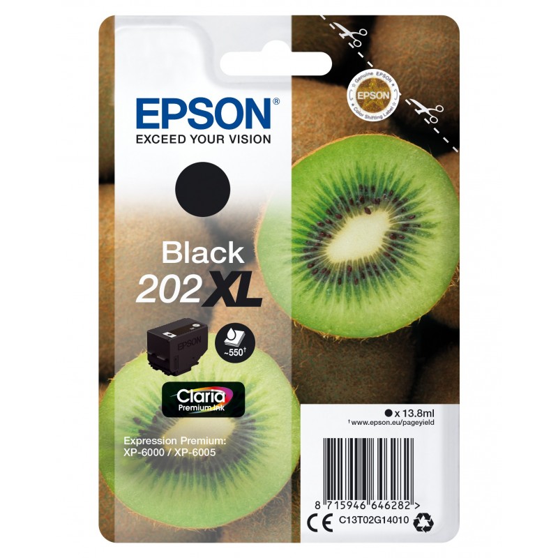 Epson Kiwi Singlepack Black 202XL Claria Premium Ink, Rendement élevé , Encre à pigments, 13,8 ml, 550 pages, 1 pièce