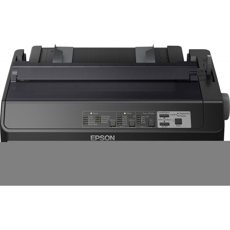 Epson LQ-590II, 550 caractères par seconde, 10 caractères par pouce, 6 copies, Code 128 ABC, Code 39, EAN13, EAN8, Interleaved 25, POSTNET, UPC-A, UPC-E, PC437, PC708, PC720, PC850, PC858, PC864, PCAR864, ISO 8859-15, Roman 8, Italique, Enveloppes
