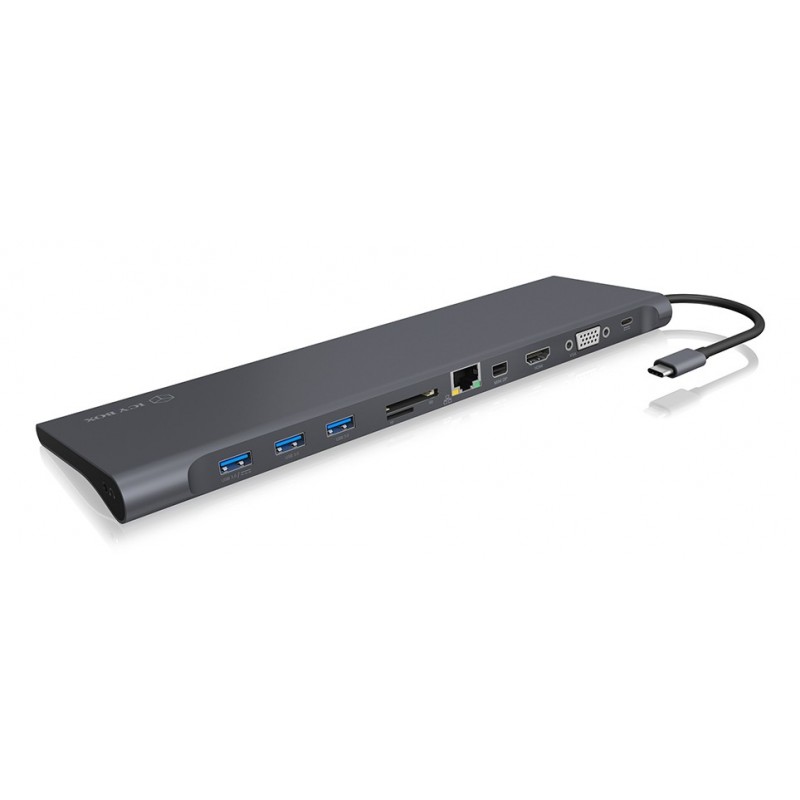 ICY BOX IB-DK2102-C, Avec fil, USB 3.2 Gen 1 3.1 Gen 1 Type-C, 100 W, 3,5 mm, 10,100,1000 Mbits, Anthracite, Noir