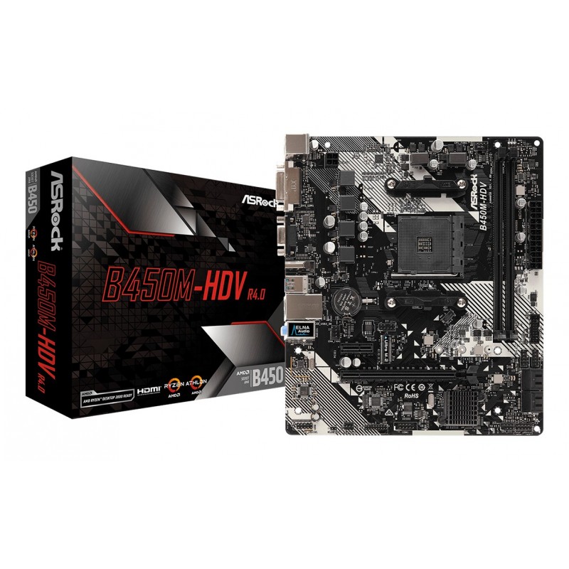 ASRock B450M-HDV R4.0, AMD, Emplacement AM4, AMD Athlon, AMD Ryzen 2000 Series, AMD Ryzen 3000 Series, DDR4-SDRAM, 32 Go, DIMM