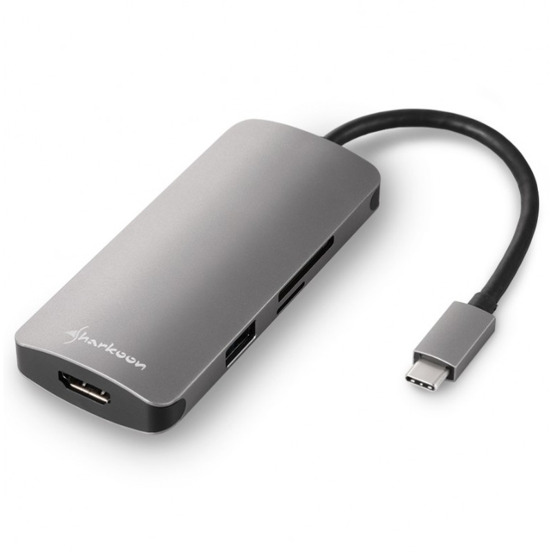 Sharkoon USB 3.0 Type C Multiport Adapter, Avec fil, USB 3.2 Gen 1 3.1 Gen 1 Type-C, USB Type-C, Gris, MMC, SD, 5 Gbits