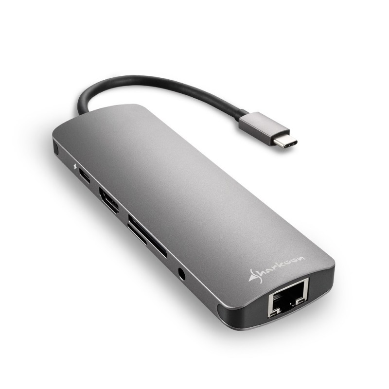 Sharkoon USB 3.0 Type C Combo Adapter, USB Type-C, HDMI, RJ-45, USB 3.2 Gen 1 3.1 Gen 1, Gris, 132 m, 5 Gbits, 130 mm
