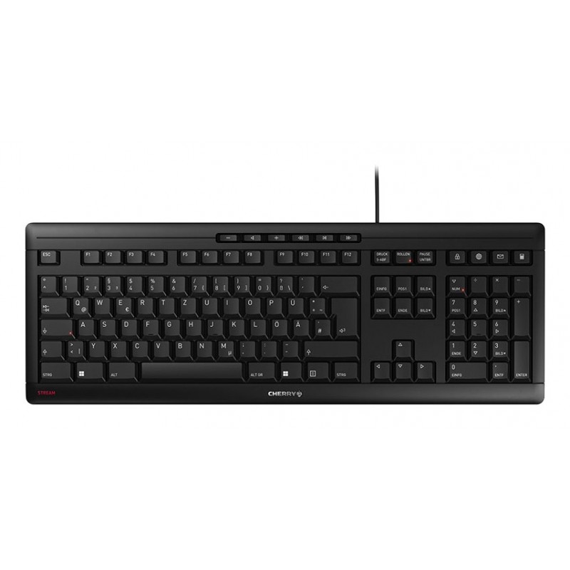 Cherry STREAM, Taille réelle 100 %, Avec fil, USB, Clavier mécanique, QWERTZ, Noir