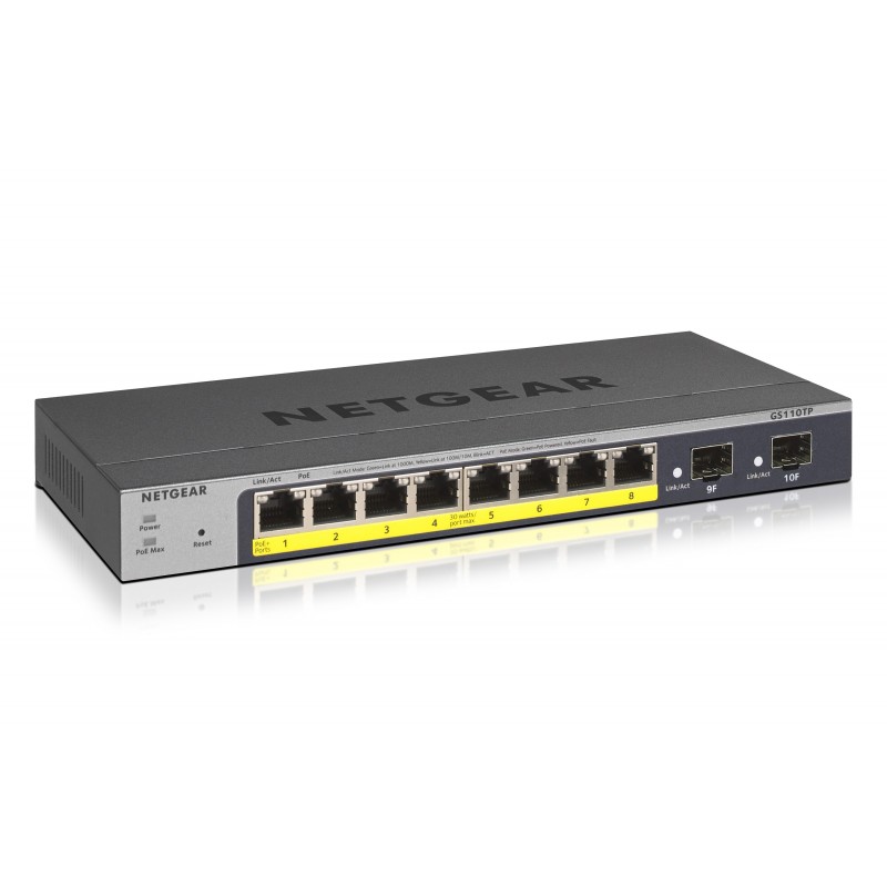 Netgear GS110TP, Géré, L2L3L4, Gigabit Ethernet 101001000, Full duplex, Connexion Ethernet, supportant l'alimentation via ce port