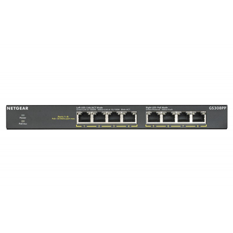 Netgear GS308PP, Non-géré, Gigabit Ethernet 101001000, Full duplex, Connexion Ethernet, supportant l'alimentation via ce port , Grille de montage, Montage mural