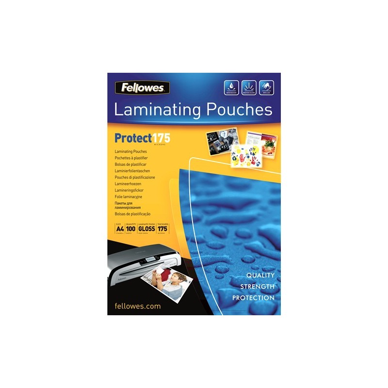 Fellowes Pochettes brillantes A4 175 microns - Paquet de 100, Transparent, Plastique, A4, 210 mm, 1 mm, 300 mm