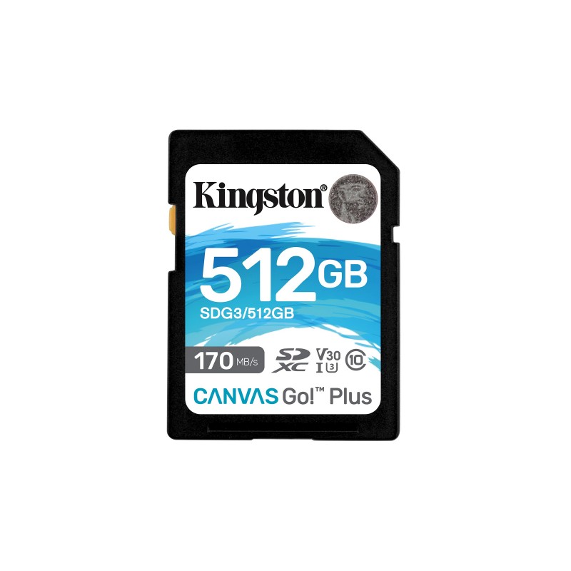 Kingston Canvas Go! Plus Carte SDXC Canvas Go Plus 170R C10 UHS-I U3 V30 de 512 Go, 512 Go, SD, Classe 10, UHS-I, 170 Mos, 90 Mos