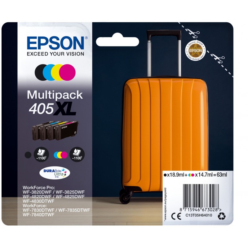 Epson Multipack 4-colours 405XL DURABrite Ultra Ink, Rendement élevé , Encre à pigments, Encre à pigments, 18,9 ml, 14,7 ml, 1 pièce