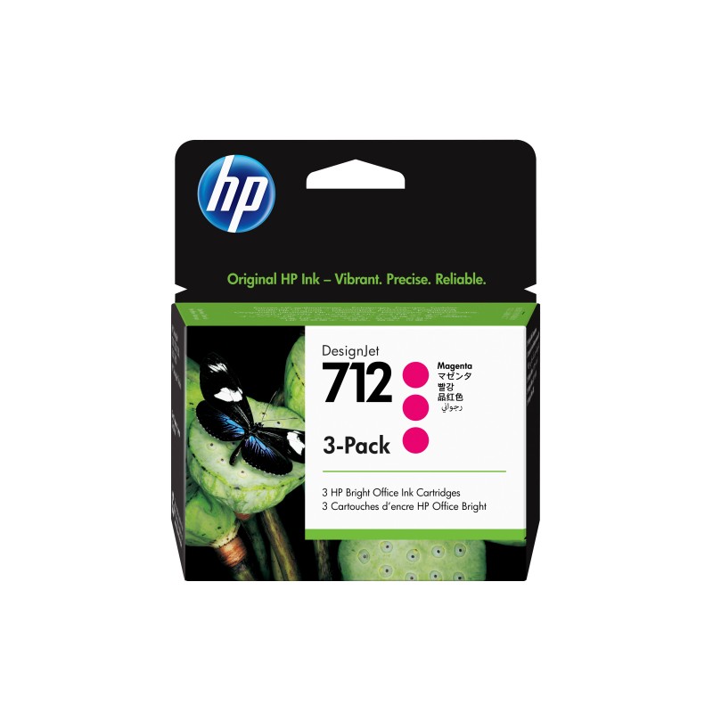 HP Pack de 3 cartouches d'encre DesignJet 712, magenta, 29 ml, DesignJet T210, T230, T250, T630, T650, Magenta, Malaisie, 119 mm, 46,2 mm, 126 mm
