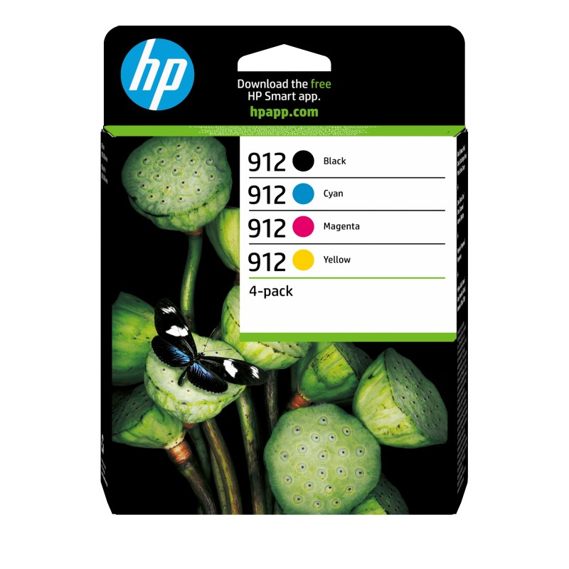 HP 912 Pack de 4 cartouches d'encre NoirCyanMagentaJaune authentiques, Rendement standard, Noir, Cyan, Magenta, Jaune, Encre à pigments, Encre à pigments, 6,5 ml, 4 ml