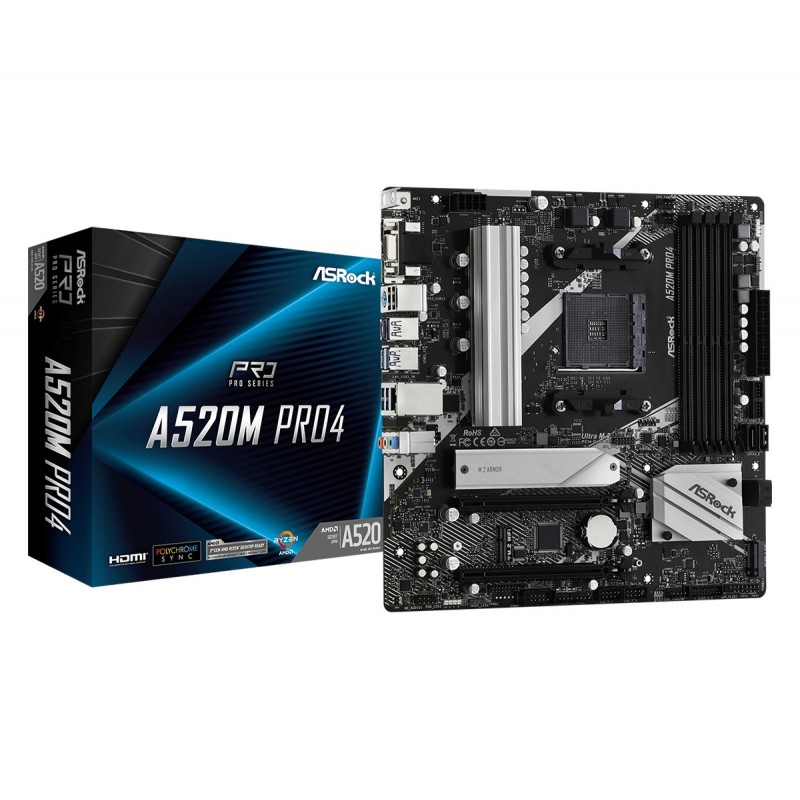 ASRock A520M Pro4, AMD, Emplacement AM4, AMD Ryzen 3000 Series, DDR4-SDRAM, 64 Go, DIMM