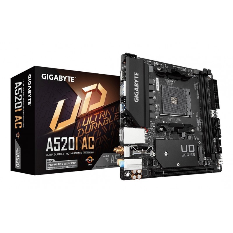 Gigabyte A520I AC Carte Mère - Prend en charge les processeurs AMD Ryzen 5000 Series AM4, 6 phases VRM numériques, jusqu'à 5300MHz DDR4 , 1xPCIe 3.0 M.2, WIFI, GbE LAN, USB 3.2 Gen1, AMD, Emplacement AM4, AMD Ryzen 3000 Series, Emplacement AM4, 64 Go