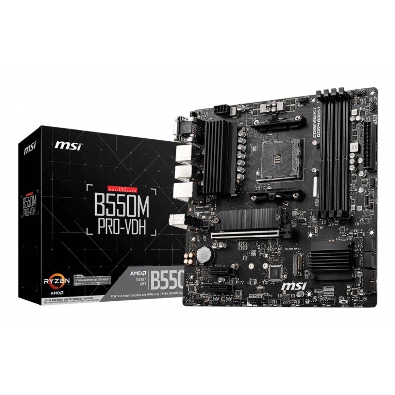 MSI B550M PRO-VDH, AMD, Emplacement AM4, AMD Ryzen 3000 Series, DDR4-SDRAM, 128 Go, DIMM