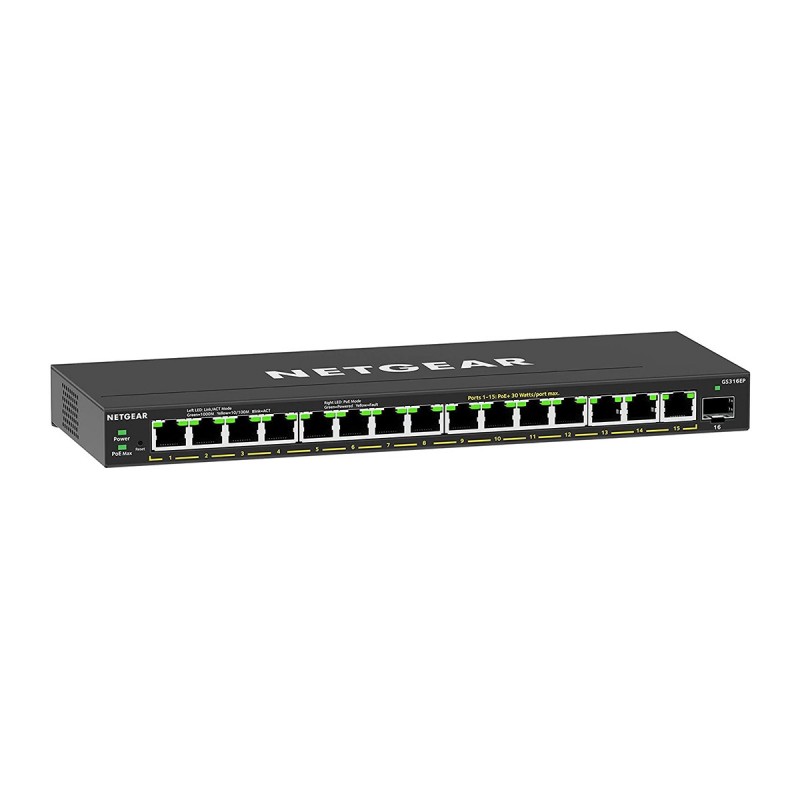 Netgear GS316EP-100PES, Géré, Gigabit Ethernet 101001000, Full duplex, Connexion Ethernet, supportant l'alimentation via ce port