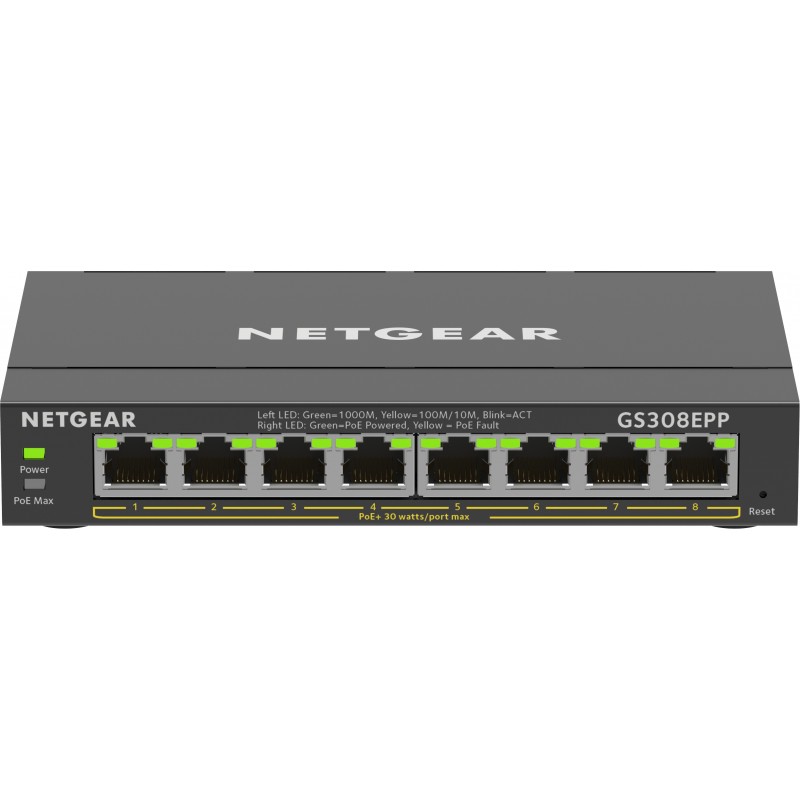 Netgear 8-Port Gigabit Ethernet High-Power PoE+ Plus Switch , Géré, L2L3, Gigabit Ethernet 101001000, Full duplex, Connexion Ethernet, supportant l'alimentation via ce port