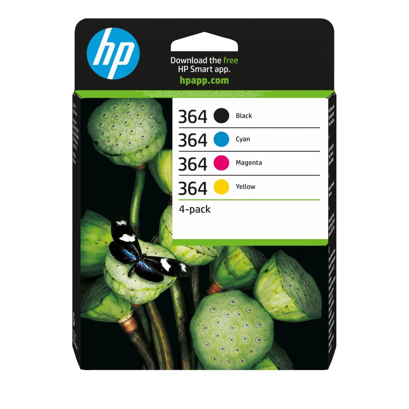 HP 364 pack de 4 cartouches d'encre noircyanmagentajaune authentiques, Rendement standard, Noir, Cyan, Magenta, Jaune, Encre à pigments, Encre à colorant, 6 ml, 3 ml