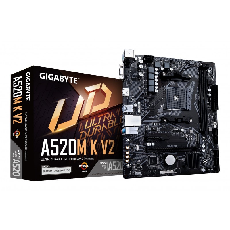 Gigabyte Carte mère A520M K V2 - Prend en charge les processeurs AMD Ryzen série 5000 AM4, jusqu'à 5100MHz DDR4 , PCIe Gen3 x4 M.2, LAN GbE, USB 3.2 Gen 1, AMD, Emplacement AM4, AMD Ryzen 3000 Series, AMD Ryzen 5000 Series, Emplacement AM4, DDR4-SDRAM