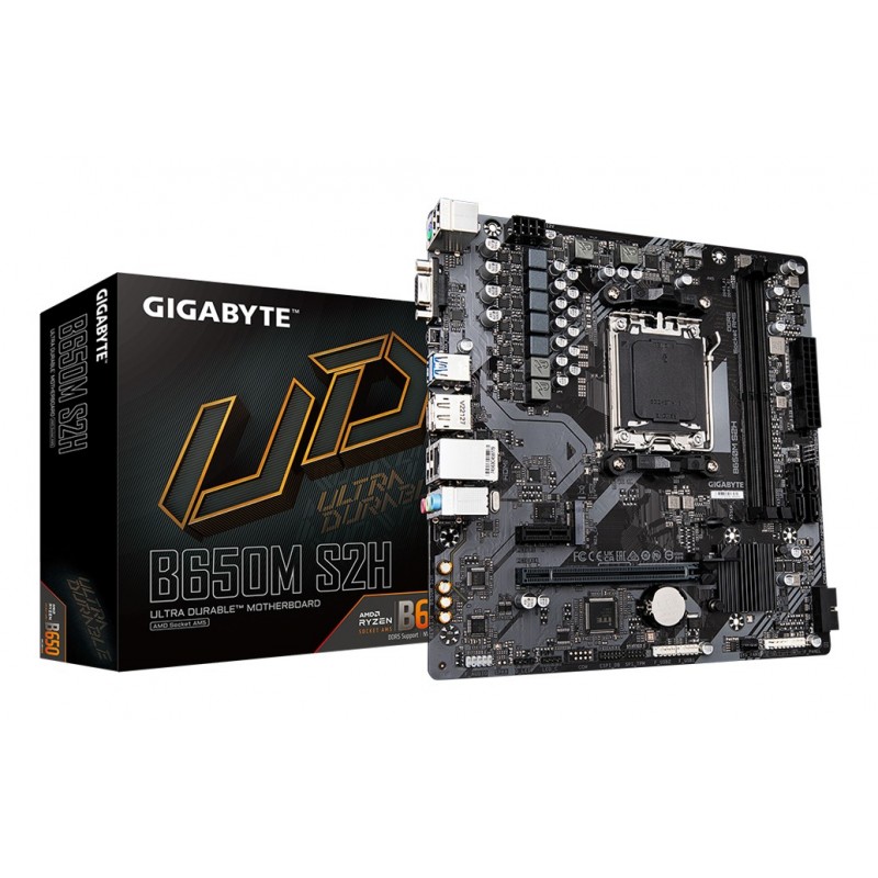 Gigabyte B650M S2H Carte mère - AMD Ryzen série 9000, VRM 5+2+2 phases, jusqu'à 6400 MHz DDR5 , 1xPCIe 4.0 M.2, LAN GbE, USB 3.2 Gen 1, AMD, Emplacement AM5, AMD Ryzen 7000 Series, AMD Ryzen 8000 Series, AMD Ryzen 9000 Series, Emplacement AM5