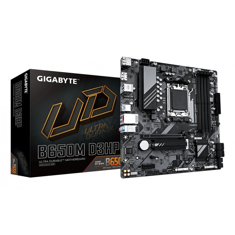 Gigabyte B650M D3HP Carte mère - AMD Ryzen série 9000, VRM 5+2+2 phases, jusqu'à 7600 MHz DDR5 , 2xPCIe 4.0 M.2, LAN 2,5 GbE, USB 3.2 Gen 1, AMD, Emplacement AM5, AMD Ryzen 7000 Series, AMD Ryzen 8000 Series, AMD Ryzen 9000 Series, Emplacement AM5