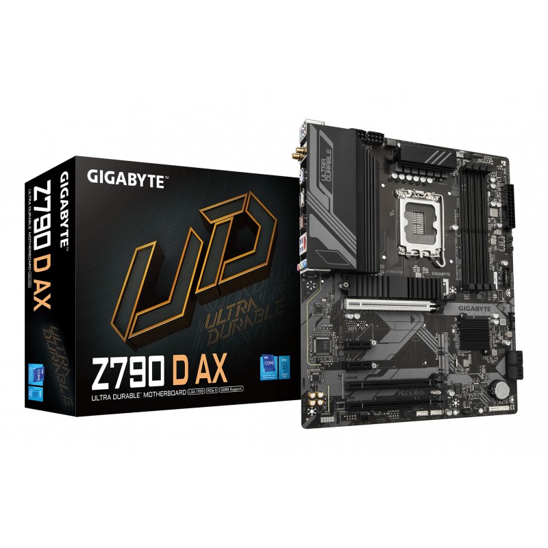 Gigabyte Z790 D AX Carte Mère - Prend en charge les processeurs Intel Core de 14e génération, VRM numérique 12+1+1 phases, jusqu'à 7600MHz DDR5 , 3xPCIe 4.0 M.2, Wi-Fi 6E, LAN 2.5GbE, USB 3.2 Gen 2, Intel, LGA 1700, Intel® Celeron®, Intel® Core™