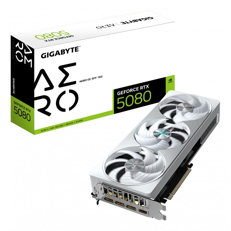 Gigabyte GeForce RTX 5080 AERO OC SFF 16G Carte graphique - 16 Go GDDR7, 256 bits, PCI-E 5.0, 2730MHz Core Clock, 3 x DisplayPort, 1 x HDMI, GV-N5080AERO OC-16GD, GeForce RTX 5080, 16 Go, GDDR7, 256 bit, 7680 x 4320 pixels, PCI Express 5.0