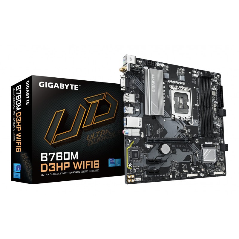Gigabyte B760M D3HP WIFI6 Carte mère - Compatible avec les processeurs Intel Core 14e génération, VRM numérique 4+1+1 phases, jusqu'à 5600 MHz DDR5, 2x M.2 PCIe 4.0, Wi-Fi 6, LAN GbE, USB 3.2 Gen 1, Intel, LGA 1700, Intel® Celeron®, Intel Core i3