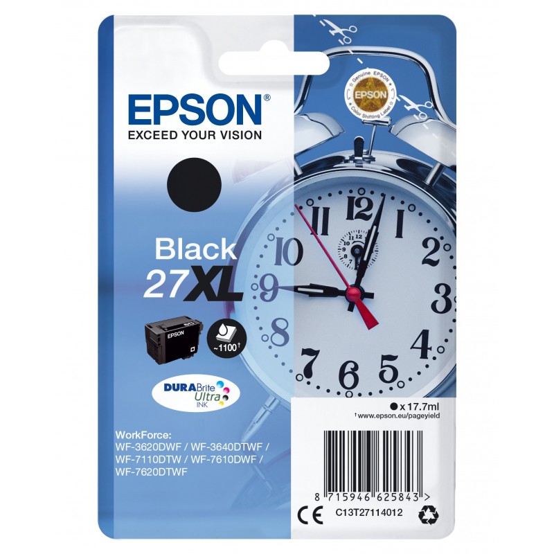 Epson Alarm clock Cartouche "Réveil" 27XL - Encre DURABrite Ultra N, Rendement élevé , Noir, Encre à pigments, 17,7 ml, 1 pièce, 1100 pages