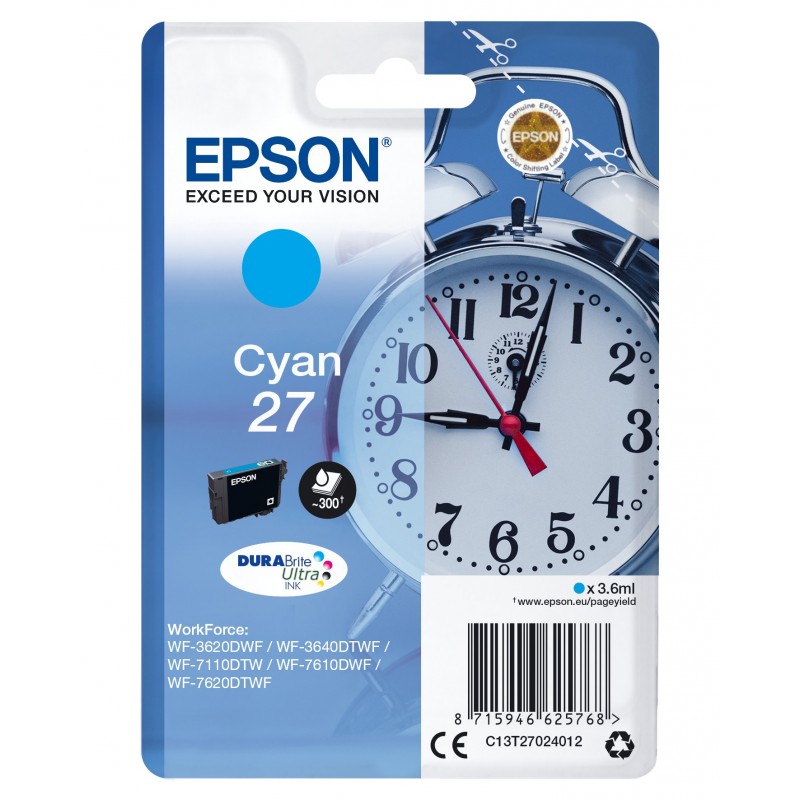 Epson Alarm clock Cartouche "Réveil" 27 - Encre DURABrite Ultra C, Rendement standard, Cyan, 3,6 ml, 1 pièce, 300 pages