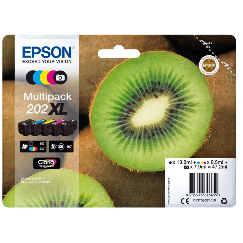 Epson Kiwi Multipack 5-colours 202XL Claria Premium Ink, Rendement élevé , Noir, Photo noire, Cyan, Magenta, Jaune, Encre à pigments, Encre à colorant, 13,8 ml, 8,5 ml