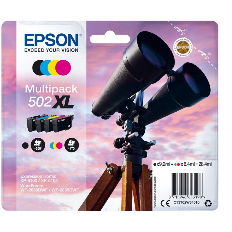 Epson Multipack 4-colours 502XL Ink, Rendement élevé , Noir, Cyan, Magenta, Jaune, Encre à pigments, Encre à colorant, 9,2 ml, 6,4 ml