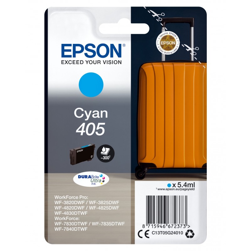 Epson Singlepack Cyan 405 DURABrite Ultra Ink, Rendement standard, Cyan, Encre à pigments, 5,4 ml, 1 pièce, Paquet unique