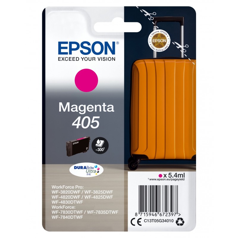 Epson Singlepack Magenta 405 DURABrite Ultra Ink, Rendement standard, Magenta, Encre à pigments, 5,4 ml, 1 pièce, Paquet unique
