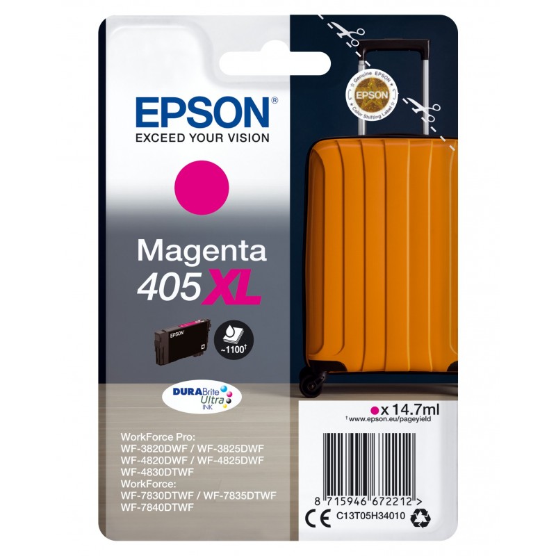 Epson Singlepack Magenta 405XL DURABrite Ultra Ink, Rendement élevé , Magenta, 14,7 ml, 1 pièce, Paquet unique