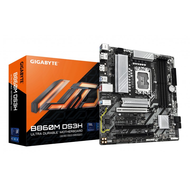 Gigabyte B860M DS3H Carte mère - Processeurs Intel Core Ultra, VRM 5+1+2+1 phases, jusqu'à 9066MHz DDR5, 1xPCIe 5.0 + 1xPCIe 4.0 M.2, LAN 2,5 GbE, USB 3.2 Gen 2, Intel, LGA 1851 Socket V1, Intel Core Ultra série 1, Intel Core Ultra Series 2, LGA 1851