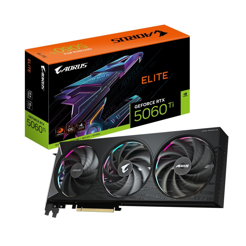 Gigabyte AORUS GeForce RTX 5060 Ti ELITE 16G Carte Graphique – 16 Go GDDR7, 128 bits, PCI-E 5.0, 2722 MHz Fréquence du processeur, 3 x DisplayPort, 1 x HDMI, GV-N506TAORUS E-16GD, GeForce RTX 5060 Ti, 16 Go, GDDR7, 128 bit, 7680 x 4320 pixels, PCI