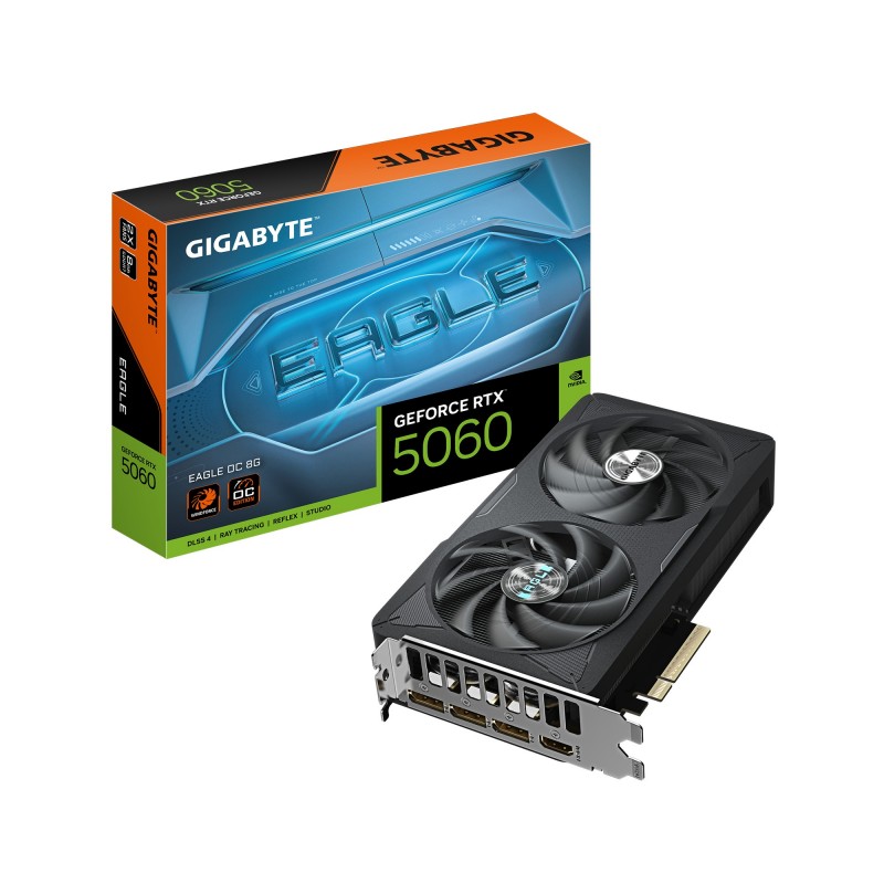 Gigabyte GeForce RTX 5060 EAGLE OC 8G Carte Graphique - 8GB GDDR7, 128bit, PCI-E 5.0, 2550 MHz Fréquence du cœur, 3 x DisplayPort, 1 x HDMI, GV-N5060EAGLE OC-8GD, GeForce RTX 5060, 8 Go, GDDR7, 128 bit, 7680 x 4320 pixels, PCI Express 5.0