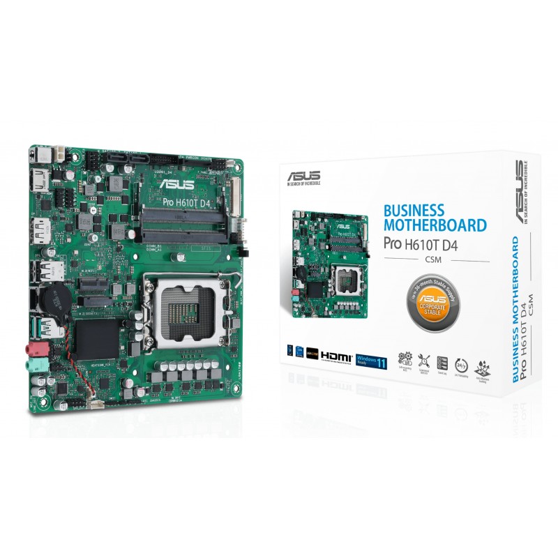 ASUS Pro H610T D4-CSM, Intel, LGA 1700, Intel® Celeron®, Intel® Core™ i3, Intel® Core™ i5, Intel® Core™ i7, Intel® Core™ i9, Intel® Pentium®, DDR4-SDRAM, 64 Go, SO-DIMM