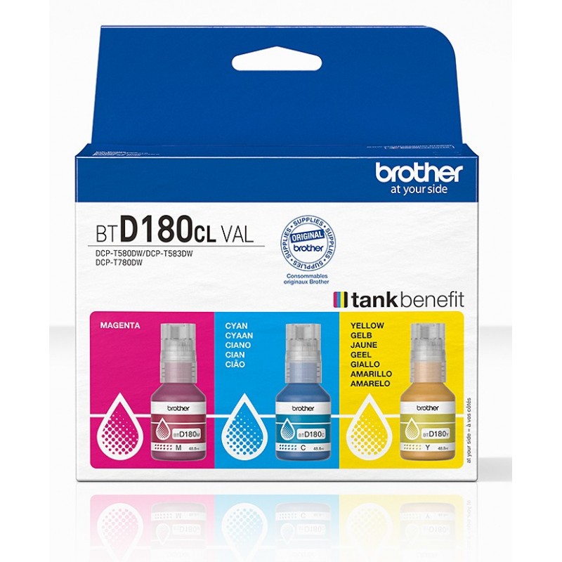 Brother BTD180CLVAL Bouteilles d'encre couleur multipack | 3 couleurs, Original, Cyan, Magenta, Jaune, Brother, DCP-T580DW, DCP-T583DW, DCP-T780DW, 5000 pages, 3 pièce