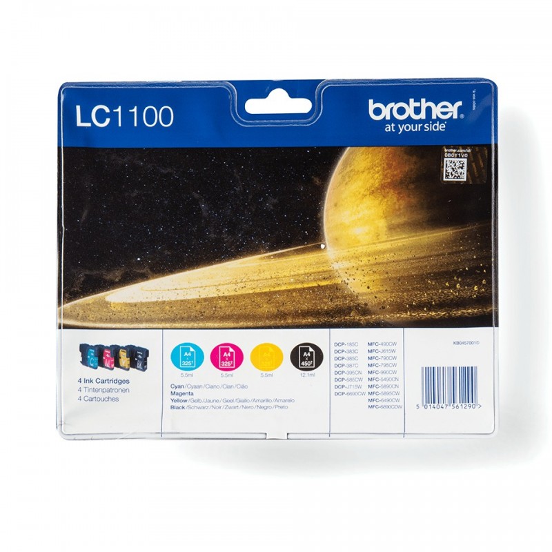 Brother Pack de cartouches d'encre LC1100VALBP originales, Noir, Cyan, Magenta, Jaune, 4 pièce, 450 pages, 325 pages, Multi pack
