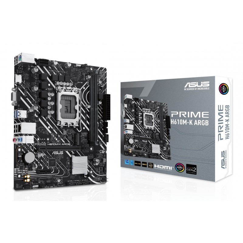 ASUS PRIME H610M-K ARGB, Intel, LGA 1700, Intel® Celeron®, Intel® Core™ i3, Intel® Core™ i5, Intel® Core™ i7, Intel® Core™ i9,..., DDR5-SDRAM, 96 Go, DIMM