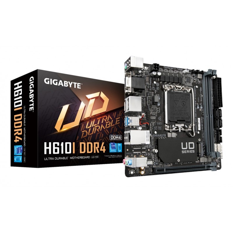 Gigabyte H610I DDR4 Carte mère - Compatible avec processeurs Intel Core 14th CPUs, 4+1+1 Hybrid Digital VRM, up to 3200MHz DDR4, 1xPCIe 3.0 M.2, GbE LAN, USB 3.2 Gen 1, Intel, LGA 1700, Intel® Celeron®, Intel® Core™ i3, Intel® Core™ i5, Intel®