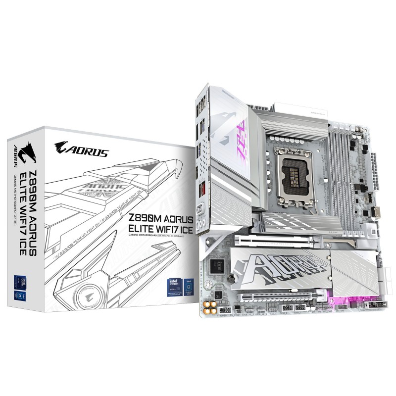 Gigabyte Carte mère Z890M AORUS ELITE WIFI7 ICE - Prend en charge les processeurs Intel Core Ultra Série 2, VRM à 12+1+2 phases, jusqu'à 8800MHz DDR5 , 1xPCIe 5.0 + 2xPCIe 4.0, Wi-Fi 7, LAN 2.5GbE, USB 4, Intel, LGA 1851 Socket V1, Intel Core Ultra