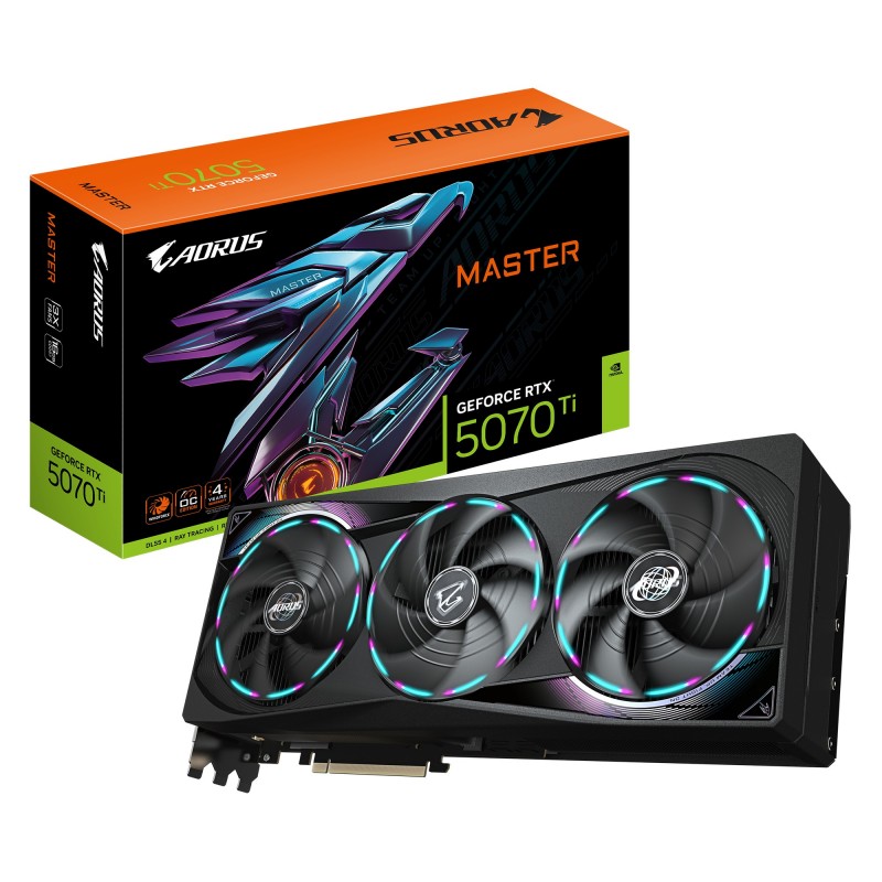 Gigabyte AORUS GeForce RTX 5070 Ti MASTER 16G Carte Graphique - 16 Go GDDR7, 256 bits, PCI-E 5.0, 2670 MHz Core Clock, 3 x DP 2.1a, 1 x HDMI 2.1b, NVIDIA DLSS 4, GV-N507TAORUS M-16GD, GeForce RTX 5070 Ti, 16 Go, GDDR7, 256 bit, 7680 x 4320 pixels, PCI