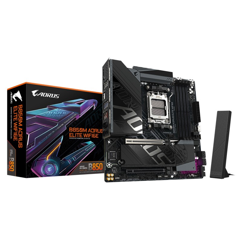 Gigabyte B850M AORUS ELITE WIFI6E Carte mère - Processeurs AMD Ryzen série 9000, VRM numérique 12+2+2 phases, jusqu'à 8200 MHz DDR5 O.C., 1x M.2 PCIe 5.0 + 1x M.2 PCIe 4.0, Wi-Fi 6E, LAN 2.5 GbE, USB 3.2 Gen 2, AMD, Emplacement AM5, AMD Ryzen 7000