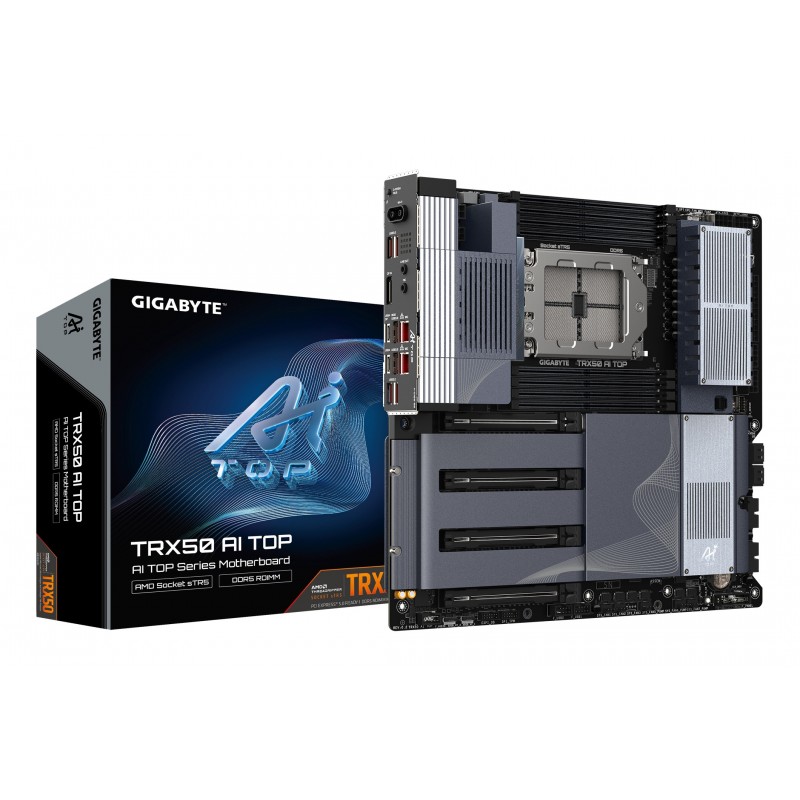 Gigabyte TRX50 AI TOP-2B Carte Mère – Processeurs AMD Ryzen Threadripper PRO 7000, VRM numérique 16+8+4 phases, jusqu’à 5200 MHz DDR5, 4 x M.2 PCIe 5.0, Wi-Fi 7, LAN 10 GbE, USB 4, AMD, Socket sTR5, AMD Ryzen Threadripper 7000 Series, AMD Ryzen