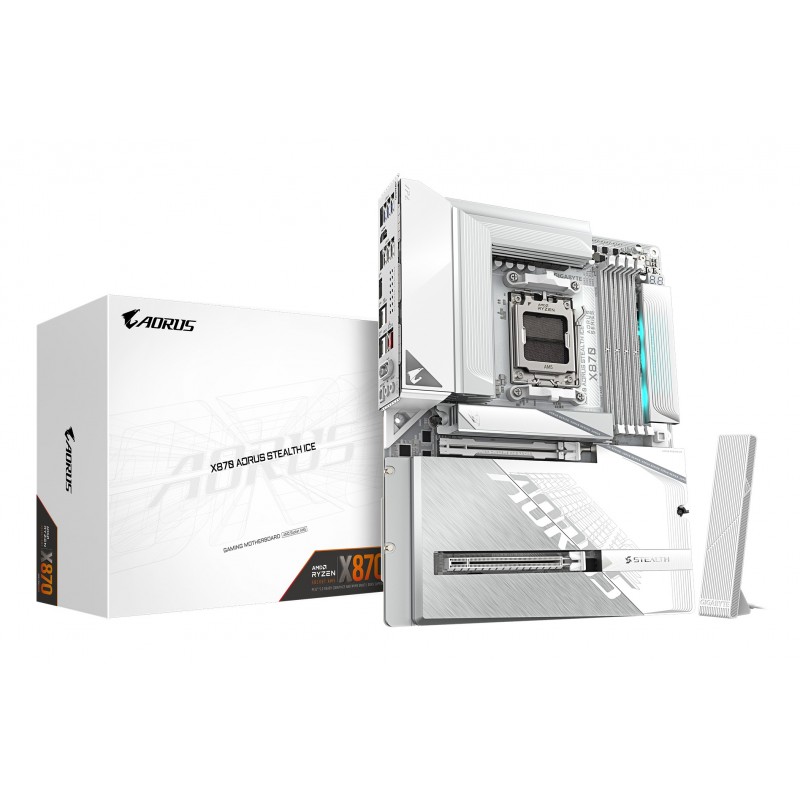 Gigabyte X870 AORUS STEALTH ICE Carte Mère – Prend en charge les processeurs AMD Ryzen 9000, VRM numérique 16+2+2 phases, jusqu’à 8200 MHz DDR5 , 2 x PCIe 5.0 + 2 x PCIe 4.0, Wi-Fi 7, LAN 5 GbE, USB 4, AMD, Emplacement AM5, AMD Ryzen 7000 Series